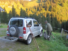 Franz gets his equipment ready at the base camp.  His Suzuki Jimny is a very popular hunt truck in Germany.  17,000 Euros new.