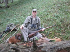 Posing with the pup. I used my Safari gun for this, which is way more than I needed.  The .308MX is ideal for Reh at 100m, but I had no more shells.  The .30-06 Savage I loaned to Lori, so I had my 9,3x62.  Devastating on such a small critter.