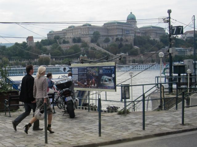 Looking up at the Buda castle from the Danube (Donau) riverfront promenade.