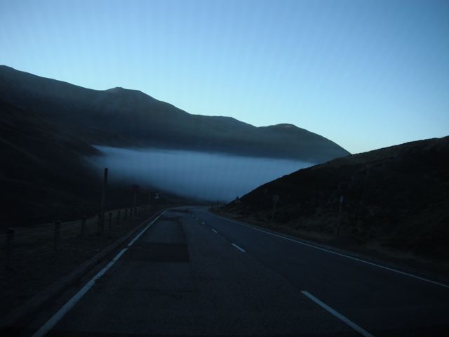Fog on the way to the gamekeeper's house at Invercauld, coming down off the mountain from Glenshee, about 10 miles south of Braemar on A93