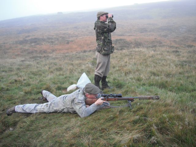 Max tries his hand with the Sako in the fog.  The rifle is .308 Winchester caliber and wears a 6x42 Kahles Helia scope and a supressor.  The latter eliminates much of the noise of shooting, which is good both for guests and for the stags.